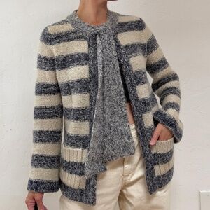 1970s Striped Wool Blend Fuzzy Chunky Knit Tie Neck Cardigan Sweater